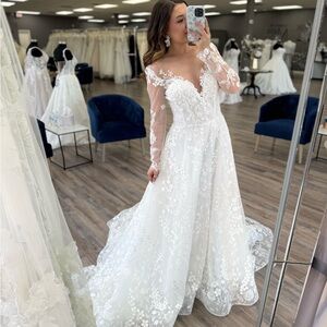 JH Bridal "Gisselle" Floral A-Line Long Sleeve Wedding Dress